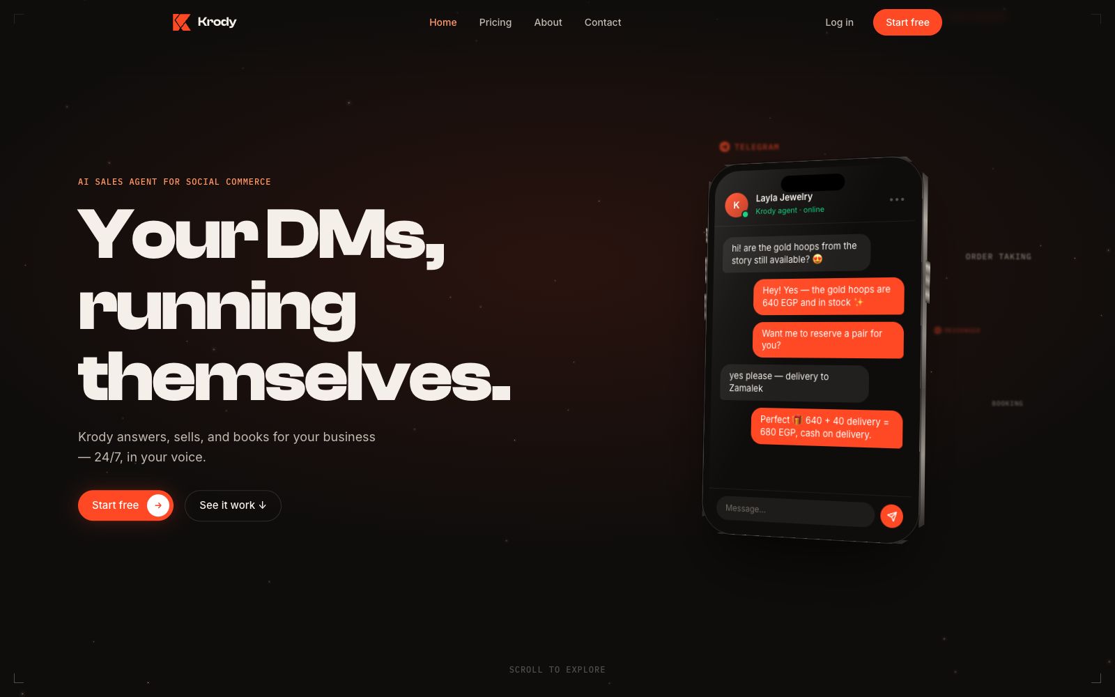 The real Krody Agents website, with its Your DMs, running themselves hero and phone demonstration.